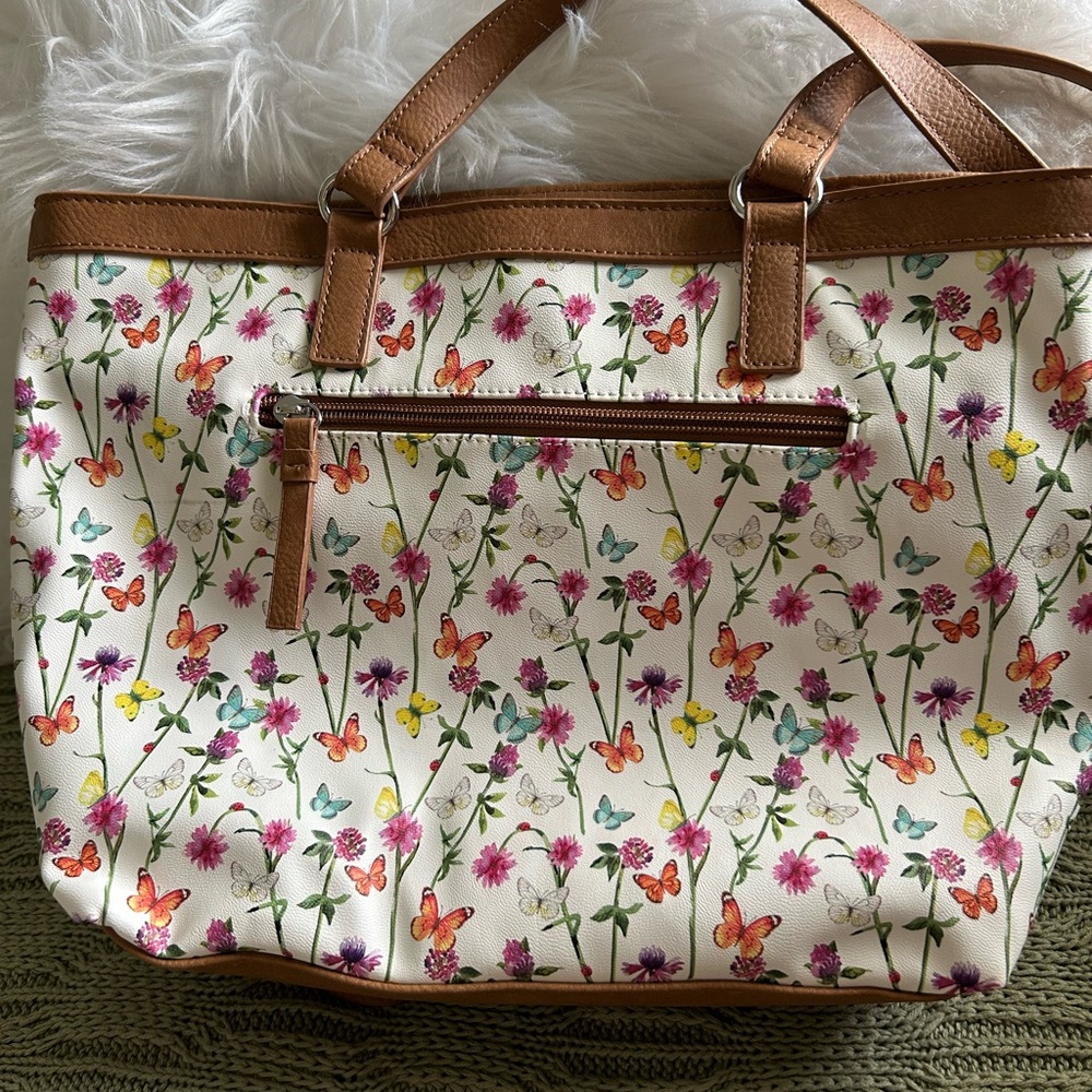 NWT MultiSac Cream Floral & Butterfly Tote with Brown Trim - Picture 9 of 9
